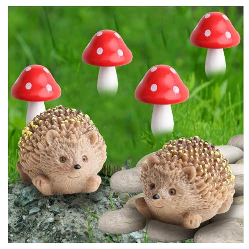 Outdoor Miniature Fairy Garden Accessories, 6Pcs Fairy Garden Ornaments Mini Resin Animals Hedgehog Wood Mushroom Decor Fairy Garden Decorations Fairies Figurines for Fairy Landscape Plant House Decor