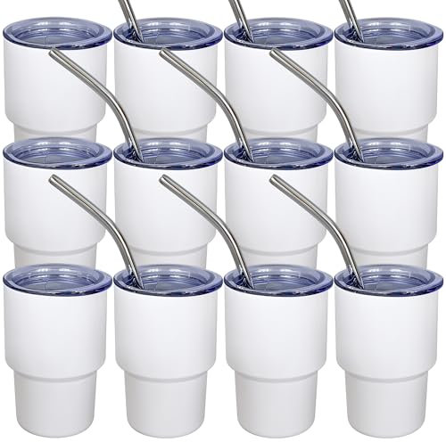 UIRZOTN 12 Pack 3 oz Mini Tumbler Shot Glass with Straw and Lid white