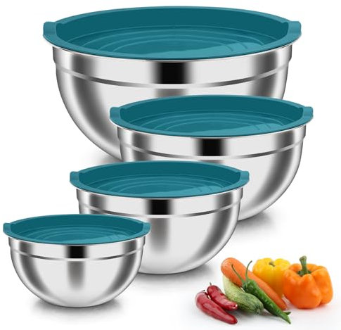 Onader Rührschüssel 4er Set, Edelstahl Schüssel mit Luftdichtem Deckel, Salatschüssel Set zum Kochen, Backen, Stapelbar & Gesund, 4,5L/ 3L/ 1,5L/ 1,2L - Blau