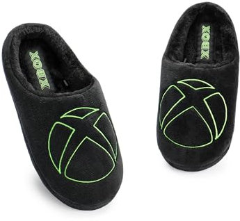 Xbox Slippers for Men | Adults Gaming Logo Slip On Mules in Black Velour | Game Console Fur Lined House shoes with Rubber Sole | Microsoft Gamer Indoor Bedroom Footwear Merchandise Gift