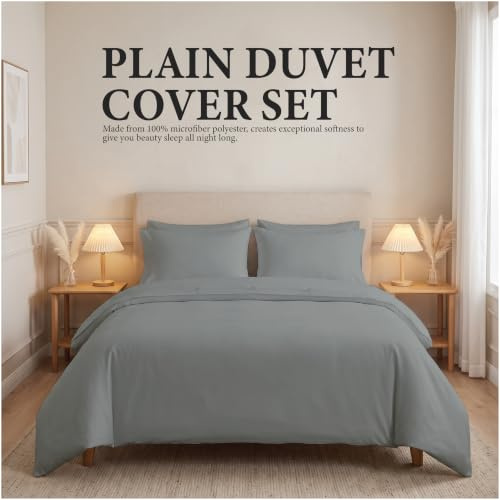 Ev Dekor Single Duvet Cover Set – Brushed Microfiber Bedding- Plain Dye Quilt Cover with Pillowcase - Grey