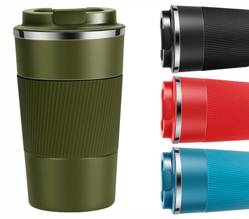 380ml Insulated Coffee Cup with Leakproof Lid Reusable Leakproof Double Wall Travel Mug Stainless Steel Office Mug for Hot Coffee Tea and Cold Drinks-Green