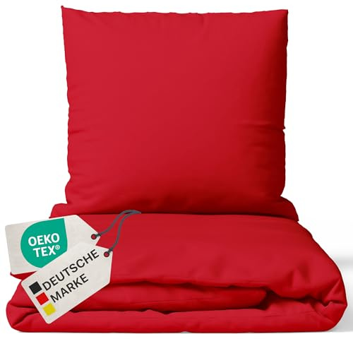 NYVI Bettwäsche Set DreamScience Renforcé Uni 155x220 + 80x80 cm Rot - Atmungsaktiv & Weich - 100% Baumwolle - Mit Reißverschluss, Oeko-TEX Zertifiziert, für Allergiker geeignet