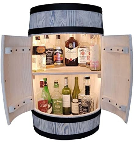 Vintage Holzfass Minibar mit LED Beleuchtung und weißem Holzregal für 40 Flaschen Whiskey Halter Fass Kommode Weinflaschenaufbewahrung