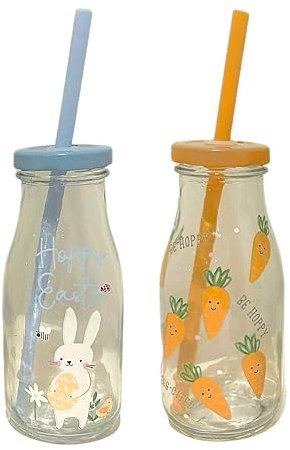 eBoutik - Set 2 Easter Milk Bottle Set with Straw for Kids - Fun Novelty Party Gift Accessory Milk Bottle Style Juice Glass with Easter Spring Design - Leakproof with Straw (Set Two)