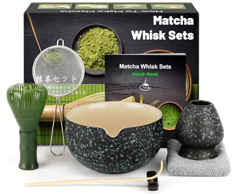 Kit de Ceremonia Japonesa del Matcha de 7 piezas, Batidora de Matcha de Resina Verde, Cuenco de Matcha, Cuchara, Colador, Portacucharas, Soporte para la Batidora, Juego Completo de Matcha