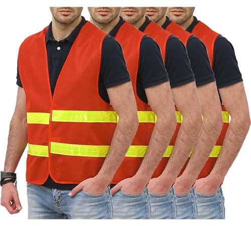 Generisch 5er Warnweste Herren Weste Warnschutz Sommer Warnwesten Erwachsene Leichte Arbeitsweste Funktionsweste Reflektierende Westen Fahrrad Sicherheitsweste Rot