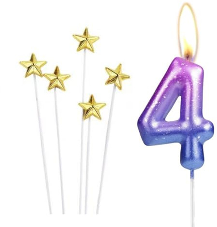 Bunte Zahlenkerzen 4,Geburtstagskerzen Farbverlaufskerzen mit 5 Stück Glitzer Stern Kuchen Topper,Kerzen Kuchen Topper Dekorationen für Jungen Mädchen Geburtstagsfeier Hochzeit Jubiläum