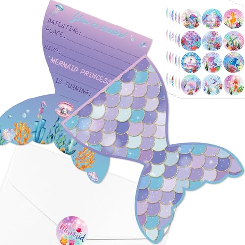 20Pcs Mermaid Birthday Invitations Sets with Envelopes and Stickers Mermaid Scale Paper Cards for Girl Baby Shower Under the Sea Mermaid Party Decorations, 17 x 12cm