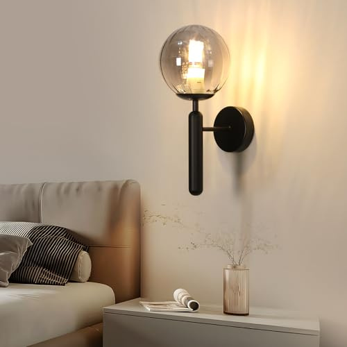 DELIPOP Wandlampe Innen Schwarz, E27 Wandleuchte Kugel mit Glaskugel Lampenschirm Ø15CM, Moderne Wandbeleuchtung für Wohnzimmer, Schlafzimmer, Flur, Treppenhaus