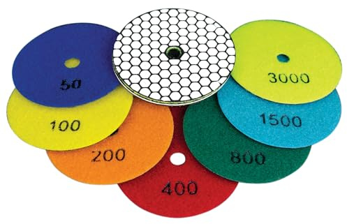 Mexco Diamond Dry Polishing Disc Kit, 4in (100mm) - 7 pcs with M14 Fit Hook & Loop Backing Pad for Angle Grinder, High Performance Sanding Pads for Marble, Granite & Natural Stone – 50-3000 Grit