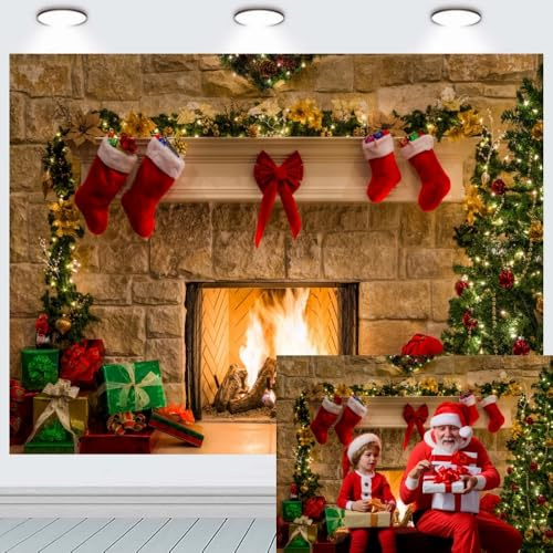 INRUI Navidad Chimenea Tema Fotografía Fondo 2,4 x 1,8 m | Vinilo ligero para fiesta de Navidad y reuniones festivas Decoración de vacaciones de la cabina de fotos del hogar