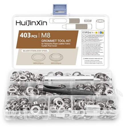 403 Pcs Grommet Tool Kit 8mm, Grommets Eyelet Punch Kit 8mm, Metal Grommets Eyelets and Grommet Punch Tool Kits for Fabric Leather Tarpaulin Belts Curtain Pool Cover DIY (M8, Piece, 403)