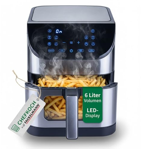 Chefkoch trifft Fackelmann Heißluftfritteuse – 6L Fassungsvermögen, 10 Automatikprogramme, Touchscreen-Bedienung, Antihaft, 1500W, Airfryer in silber/schwarz