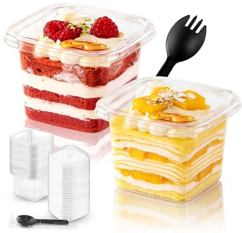 Fouvin Dessertgläser mit deckel 360ml, 50 Stück Dessertbecher mit deckel, Eckig Kunststoff Dessertgläser mit 50 Löffeln, Wiederverwendbar Dessertschalen für Tiramisu Desserts Pudding