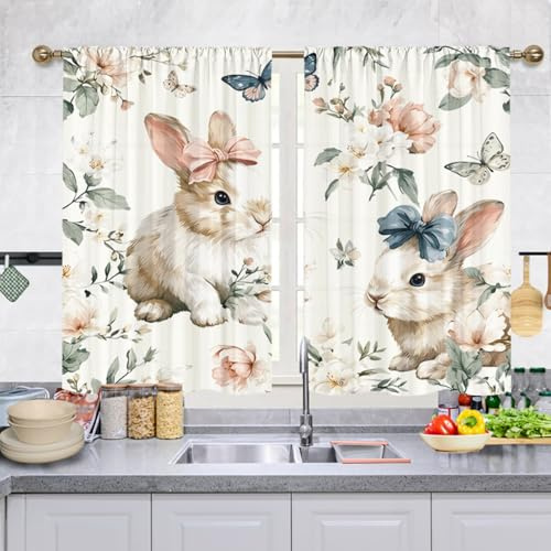 Odot Scheibengardinen Set 2 Teilig Küche Kurz, Frühling Osterhase Kurzvorhang Bistrogardine Küche Blickdicht Landhausstil Kurzstores Gardinen mit Stangendurchzug (Hase B,W 60 H 60cm)