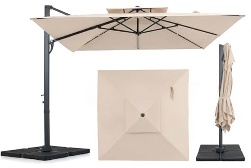 COSTWAY Sombrilla Terraza Exterior 3 x 3 m, Parasol Excentrico con Base, Manivela, Rotación de 360°, 8 Varillas Resistentes, Poste de Alumnio, Ventilación Superior, para Terraza Patio Piscina (Beige)
