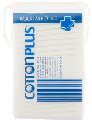 Baumwolle Plus MAXIMED 40 Stück - Medizinische Linie | Maxi Quadrat, 100% reine Baumwolle für medizinische Zwecke | Hypoallergen, saugfähig und langlebig.