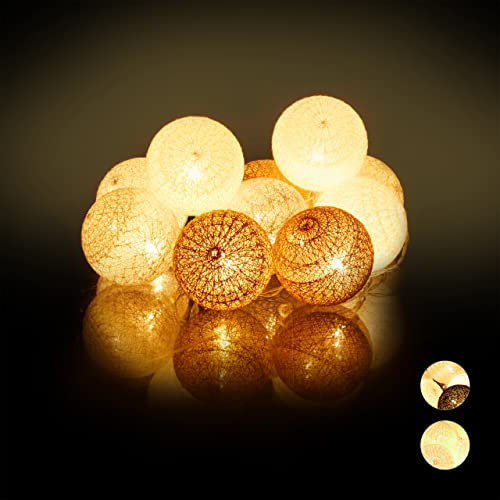 Relaxdays, weiß-grau-braun LED Lichterkette mit 10 Baumwollkugeln, batteriebetrieben, Stimmungslichter, Kugeln 6 cm Ø, PS, Baumwolle