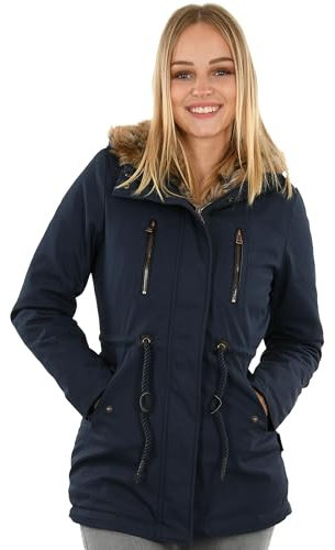 Navahoo Damen Winterjacke (XS-3XL) - 100% Baumwolle Obermaterial, Kapuze mit Reißverschluss auftrennbar, Teddyfell innen, Warme Jacke Frauen B648 (L, Navy)