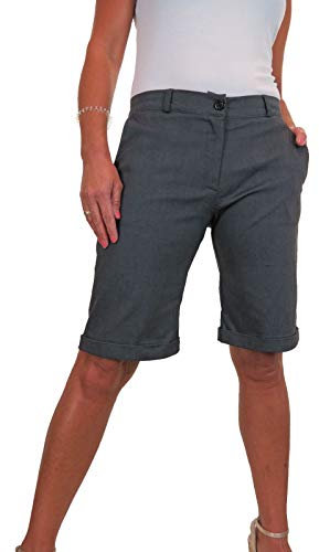 icecoolfashion Womens Stretch Shorts with Pockets Above Knee Length Straight Leg Bermudas with Turn Up Cuffs Grey 8-22 (14)