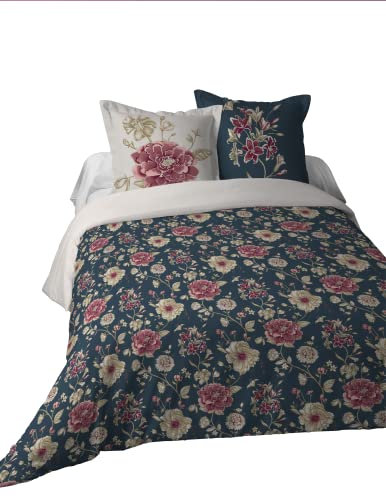 Stof - Parure Housse de Couette + 2 Taies d'oreillers - Taille 240x220 cm - 100% Coton - Couleur Bleu - Modèle Flore - Linge de Lit pour Maison