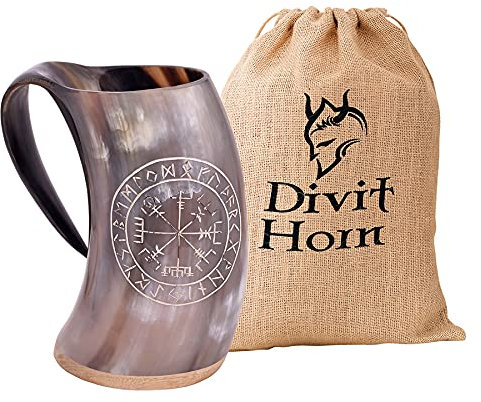 Divit Autentico Cuerno Vikingo Jarra - 24 oz. de Capacidad (Vegvisir, Polished)