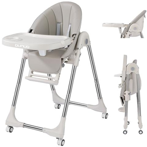 OUNUO Trona Bebé Ajustable, Trona para Bebe Evolutiva, Trona para Bebes Reclinable, Ajustable y Plegable con 4 ruedas, Segura, Cojín Bebé Confort, De 6 a 36 meses