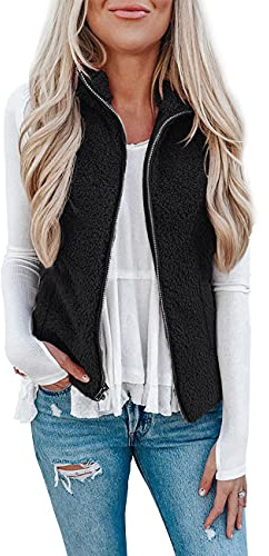 Rapbin Gilet en polaire pour femme, pour l’automne et l’hiver, veste chaude sans manches en fourrure, légère et décontractée, couleur unie, Gilet noir., M