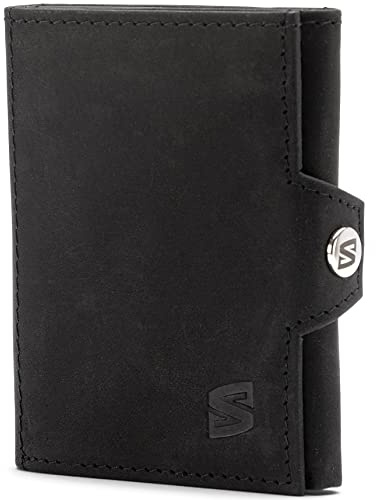 SERASAR Leder Geldbeutel [Smart] Herren Schwarz Braun Echtleder Geschenk | RFID/NFC Blocker, 7 Kartenfächer mit Fotofach, Geldscheinfach, Münzfach mit Reißverschluss, Rindsleder, Für Alltag und Reise