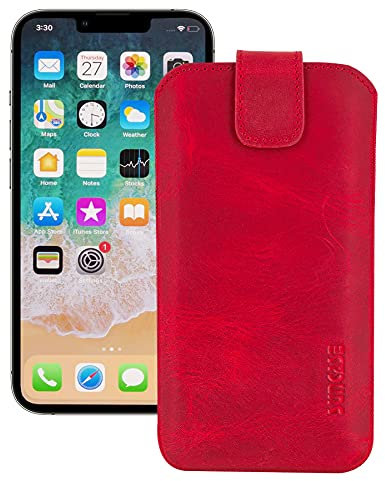 Suncase ECHT Leder Tasche kompatibel mit iPhone 13 (6.1) mit ZUSÄTZLICHER Transparent Hülle | Schale | Silikon Bumper Handytasche (mit Rückzugsfunktion und Magnetverschluss) in antik rot