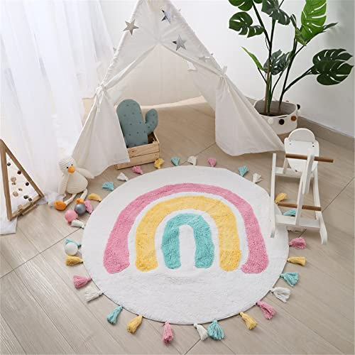 SWECOMZE Kinderteppiche Regenbogen Teppiche Flauschige Runden Groß Schutzmatten Kindermatte fürs Babyzimmer Kleinkinderzimmer Wohnzimmer 110 * 110cm