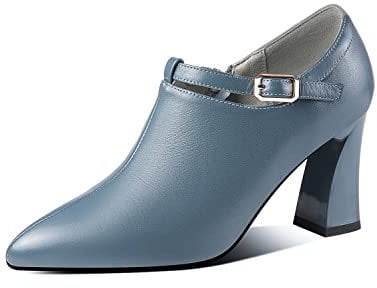 TinaCus Genuine Leather Women's Handmade Spool Heel Side Zip Up Pumps with Buckle Design, Blue, 9.5