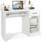 COSTWAY Computer Desk, Wooden PC Laptop Table Writing Workstation with Sliding Keyboard Tray, Adjustable Storage Shelf and Drawer, Modern Home Office Work Study Desk (White)