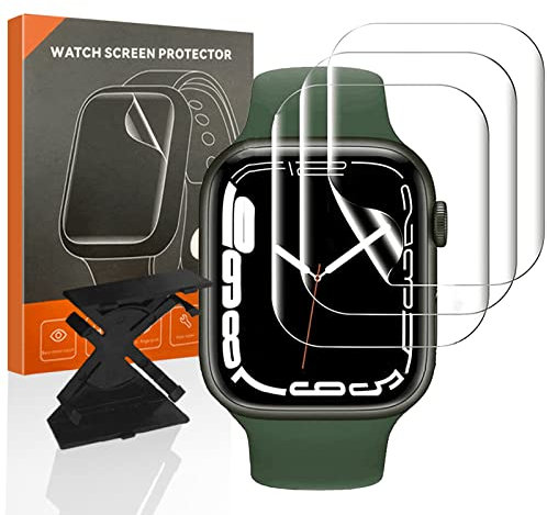 NUCNOK [3 Stück Schutzfolie für Apple Watch Series 7 45MM,Klar HD Weich Hydrogel Folie,[Volle Abdeckung & Blasenfreie & Kratzfest],mit Profi-Positionierhilfe,Kompatibel mit Hülle Displayschutz