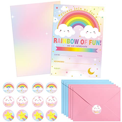 Nezyo 24 Sets Rainbow Birthday Invitations Girls with Envelopes Stickers | Fill-in Blank Invites for Kids, Baby Shower Party Decoration, Colorful Envelopes, Cute Star Unicorn Cloud Stickers