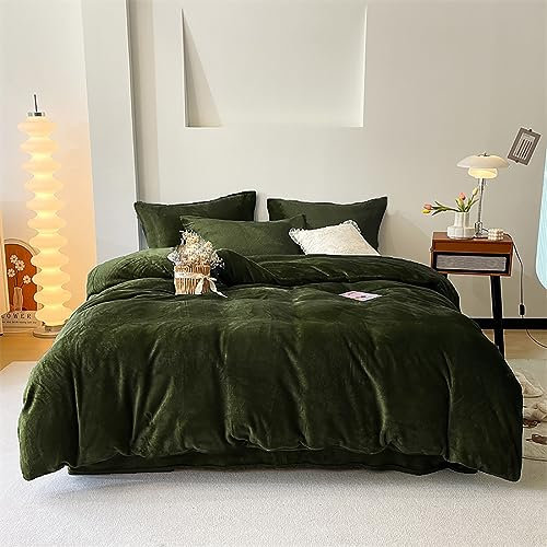 Luxlovery Bettwäsche-Set aus Samt und Flanell, modernes Winter-Bettwäsche-Set für Doppelbett, Armeegrün