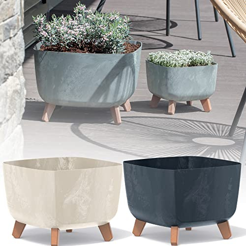 URBNLIVING Large Square Low Modern Look Planter Flower Plant Pot Indoor Outdoor Garden Decor Wooden Look Legs (Cream)