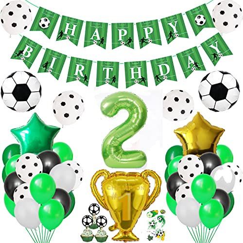 Fußball Geburtstag Dekoration Jungen 2 Jahre, Ballon Fußball Thema Party Geburtstagsdekoration für 2te Mädchen, Geburtstagsparty Ballon Dekoration Zubehör Set mit Happy Birthday Banner Kuchen Topper