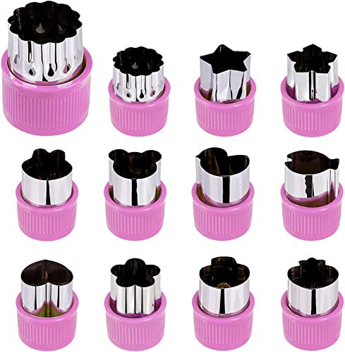 Brotausstechformen Kinder,Brot Ausstecher für Kinder,Plätzchen Ausstecher Edelstahl Frucht Ausstecher,Gemüse Ausstechformen,12PC Gemüseschneider mit Komfortgriff Blume Stern Tiere Frucht Form Lila