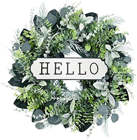 SEVENLOVE Hello Door Wreath, Boxwood Wreath 24inch, Farmhouse Eucalyptus Flocked Lambs Ear Wreath for Front Door Hanging Wall Window Party Decoration,Green