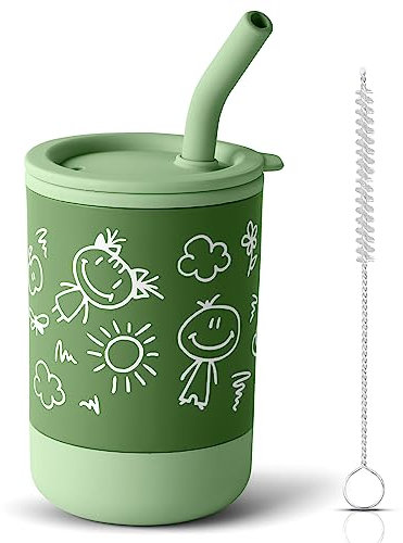 Vicloon Vaso de Silicona para Bebés,Vaso de Pajita,Vaso Aprendizaje Bebé Antiderrames y Tapa y Cepillo,Taza de Entrenamiento para Sorber para Niño Pequeño