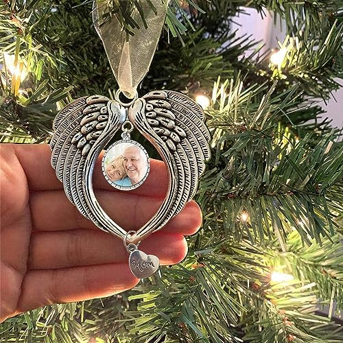 BTORER Erinnerungsornament Engelsflügel Weihnachtsschmuck mit blanko Foto Anhänger, Weihnachtsbaum hängende Gedenkornament Anhänger Weihnachtsbaum hängende Dekoration im Himmel Gedenkgeschenk (Mama)