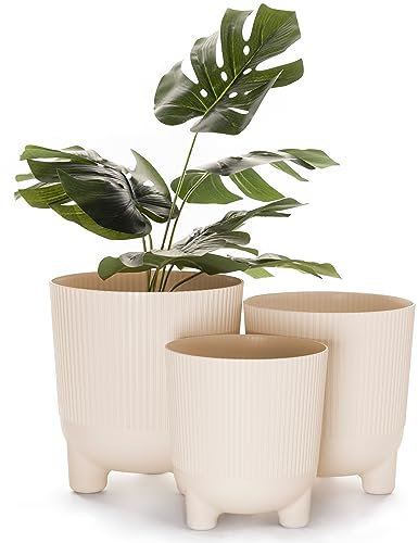 Home Garden Ornaments Trio Plant Pots Indoor – Set of 3 (14cm, 16cm, 18cm) Decorative Indoor Plant Pot on Stands, Flower Pots on Legs (Colour: Cream)