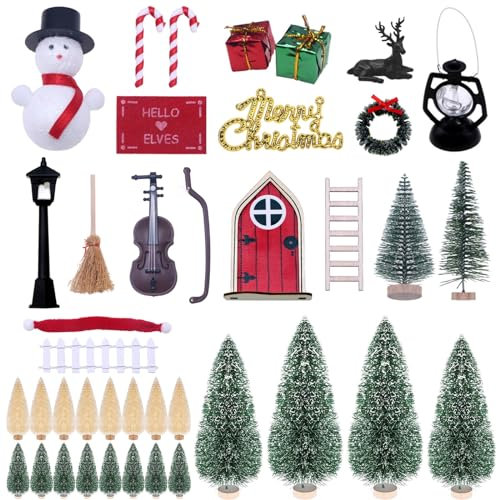 RoadLoo Wichteltür Zubehör Weihnachten Set,40 Stück Weihnachtsbaum Mini Künstlich Weihnachtswichtel Tür Set Miniatur Tannenbaum Grün Mini Christmas Tree Weihnachts Baum Wichtelhaus für DIY Weihnachten