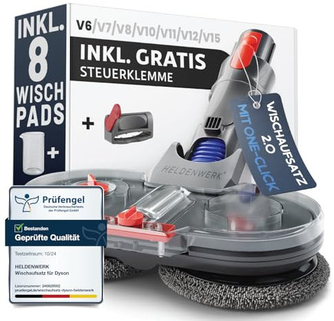 HELDENWERK Tête de balai pour aspirateur Dyson V6, accessoire Dyson, balai électrique, avec réservoir d'eau, réservoir de remplissage et 8 serpillères lavables