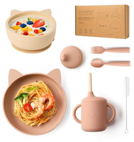 COOLABLE Set de Repas Bébé en Silicone sans BPA, Vaisselle 6 Pièces - Bol et Assiette avec Ventouse, Tasse, Fourchette et Cuillère - Compatible Lave-vaisselle et Micro-ondes - Pastel