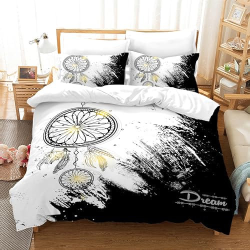 KAIDAARTLH Federn Bettwäsche-Set 200x200cm, Boho Blumen Bettwäsche Traumfänger für Doppelbett, Mikrofaser 3D-Druck weich bequem mit 2 Kissenbezügen (B,200x200cm)