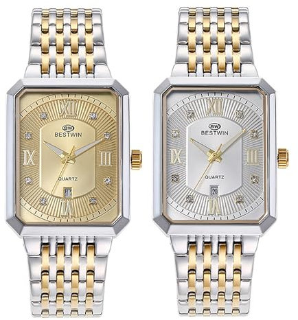 JewelryWe Uhren Herren Edelstahl Rechteckig: 2pcs 30m wasserdichte Kalender Analog Quarz Armbanduhr Herrenuhr Edelstahl Band Geschäft Lässige Uhr mit Strass Römischen Zahlen Rechteck Zifferblatt
