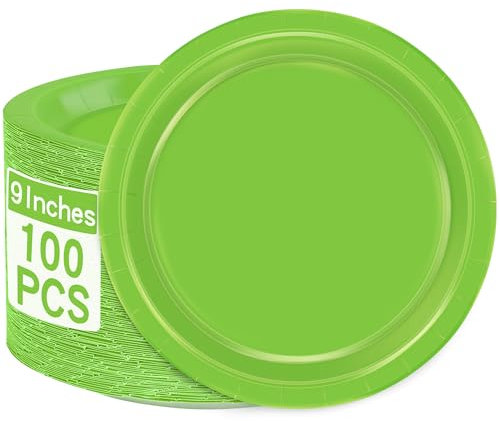 QZYL 100 PCS Disposable Plates, Lime Green Paper Plates, 9 Inches Sturdy Paper Plates Round Heavy Duty Dinner Plates Tableware Bulk for Everyday Use Birthday Picnic Camping Party